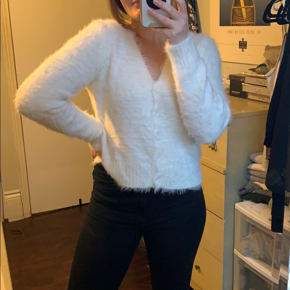 size M White fluffy button up sweater
